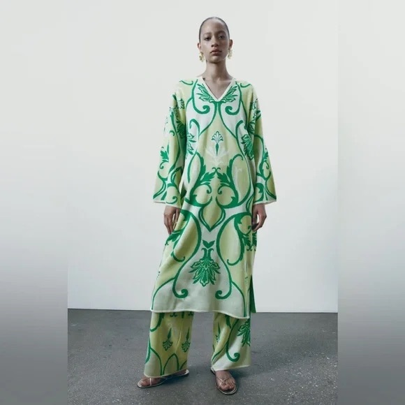 Jacquard Knit Boho Floral Hippie Tunic Dress Oversized Green TikTok Kaftan L-XL - Picture 3 of 16